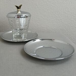 Kromex Serving Set 4" polka dot glass, lid, & 2 silver chrome plates VTG 50s MCM